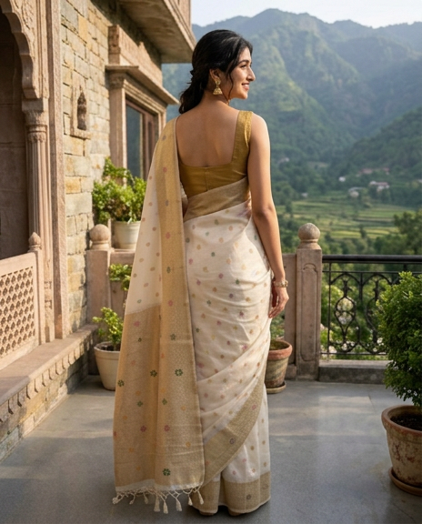 Elegant Beige Baluchuri Silk Saree with Traditional Handwoven Motifs