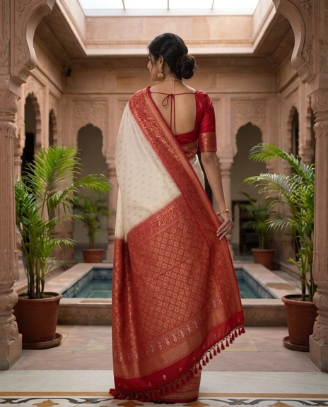 Red & Cream Manipuri Silk Saree with Traditional Woven Motifs