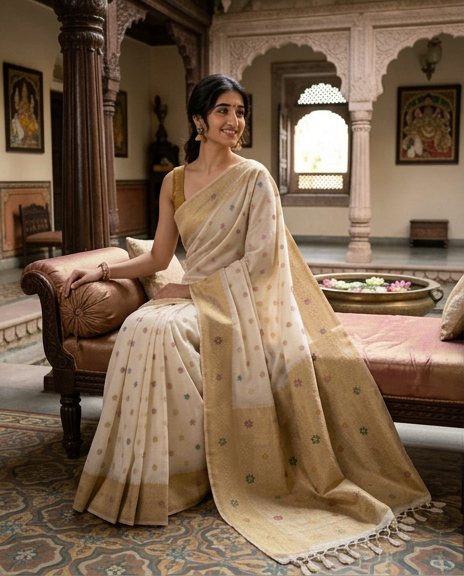 Elegant Beige Baluchuri Silk Saree with Traditional Handwoven Motifs