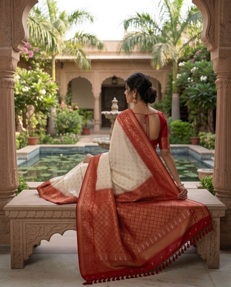 Red & Cream Manipuri Silk Saree with Traditional Woven Motifs