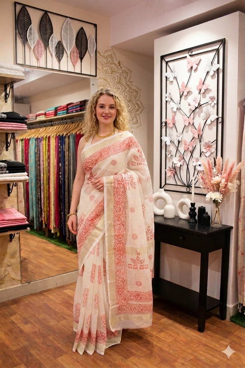 White & Pink Block Print Check Cotton Saree
