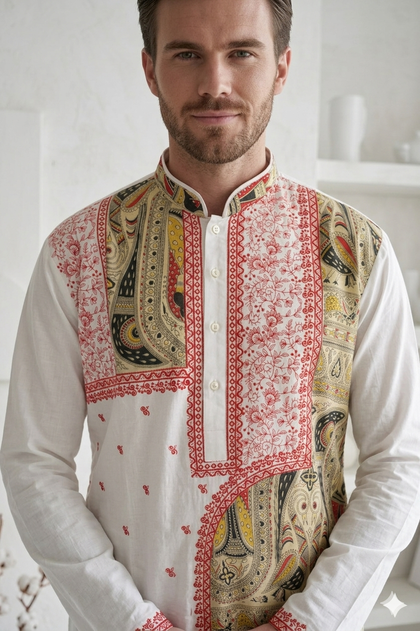 Men’s White Cotton Kurta with Madhubani Print & Embroidery