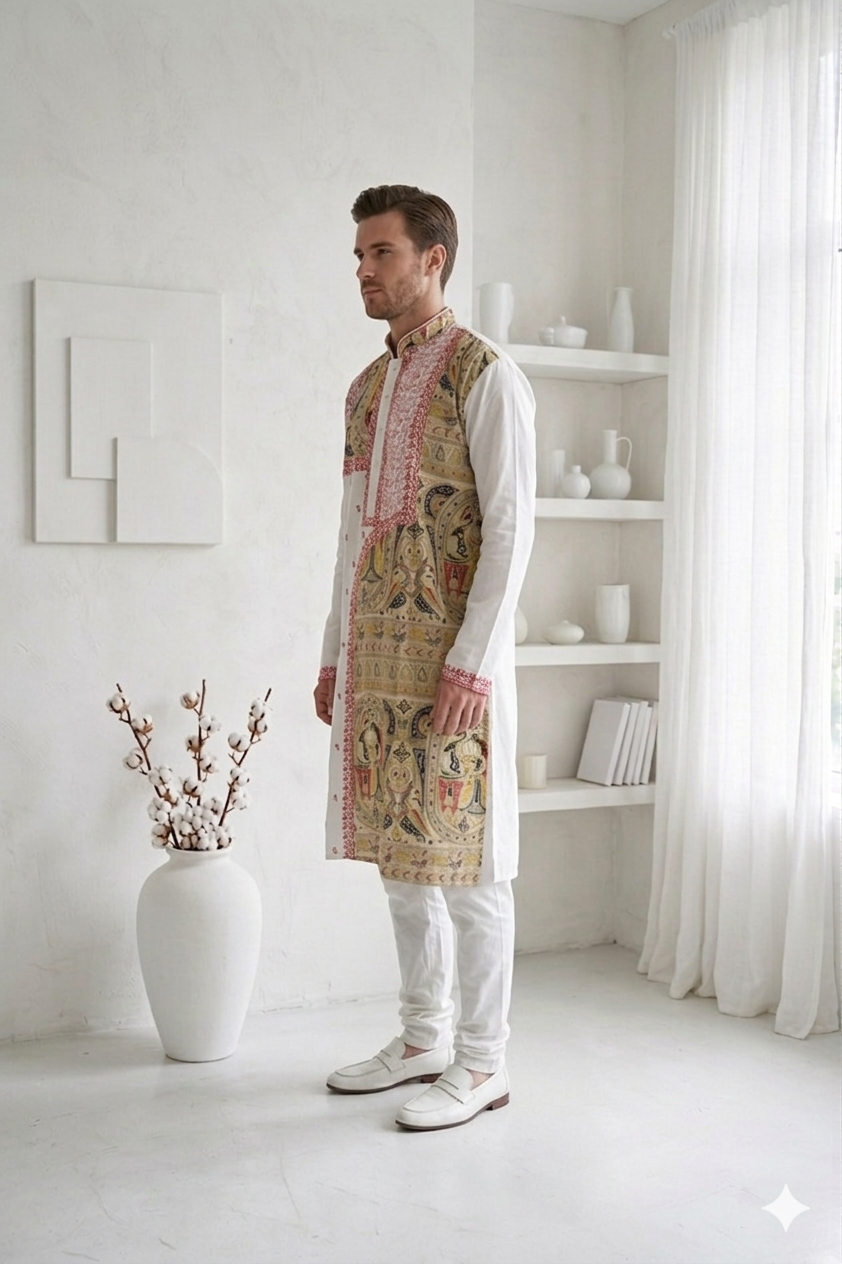 Men’s White Cotton Kurta with Madhubani Print & Embroidery