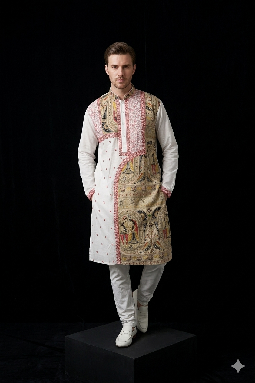 Men’s White Cotton Kurta with Madhubani Print & Embroidery