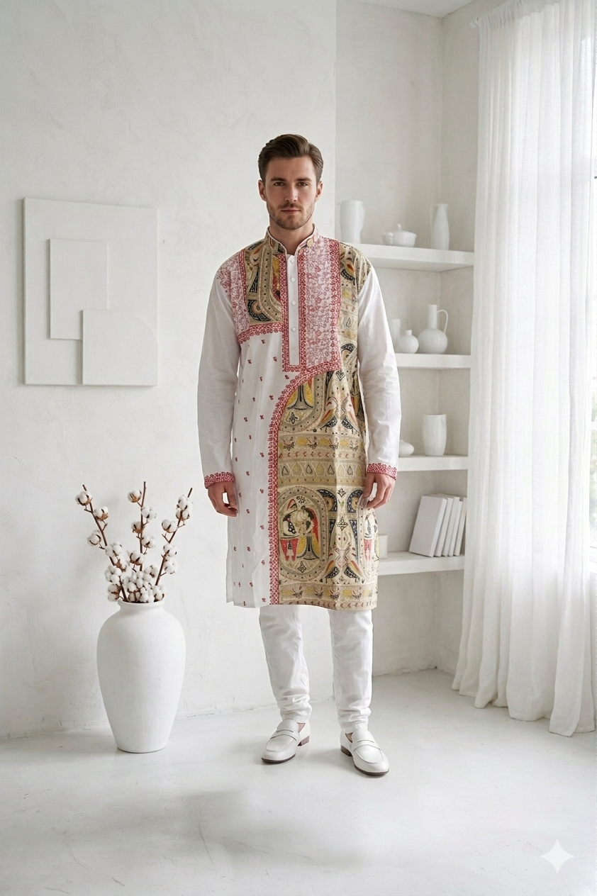 Men’s White Cotton Kurta with Madhubani Print & Embroidery
