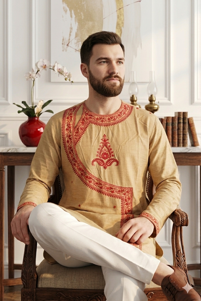 Men’s Beige Silk Hand Embroidered Kurta