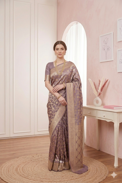 Dusty Lavender Benarasi Masroo Saree with Intricate Jal Work