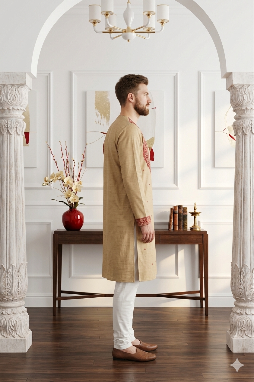 Men’s Beige Silk Hand Embroidered Kurta