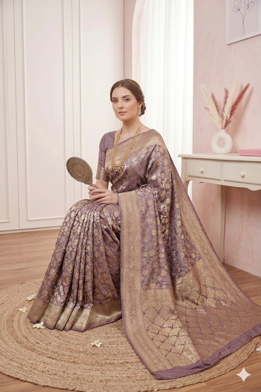 Dusty Lavender Benarasi Masroo Saree with Intricate Jal Work