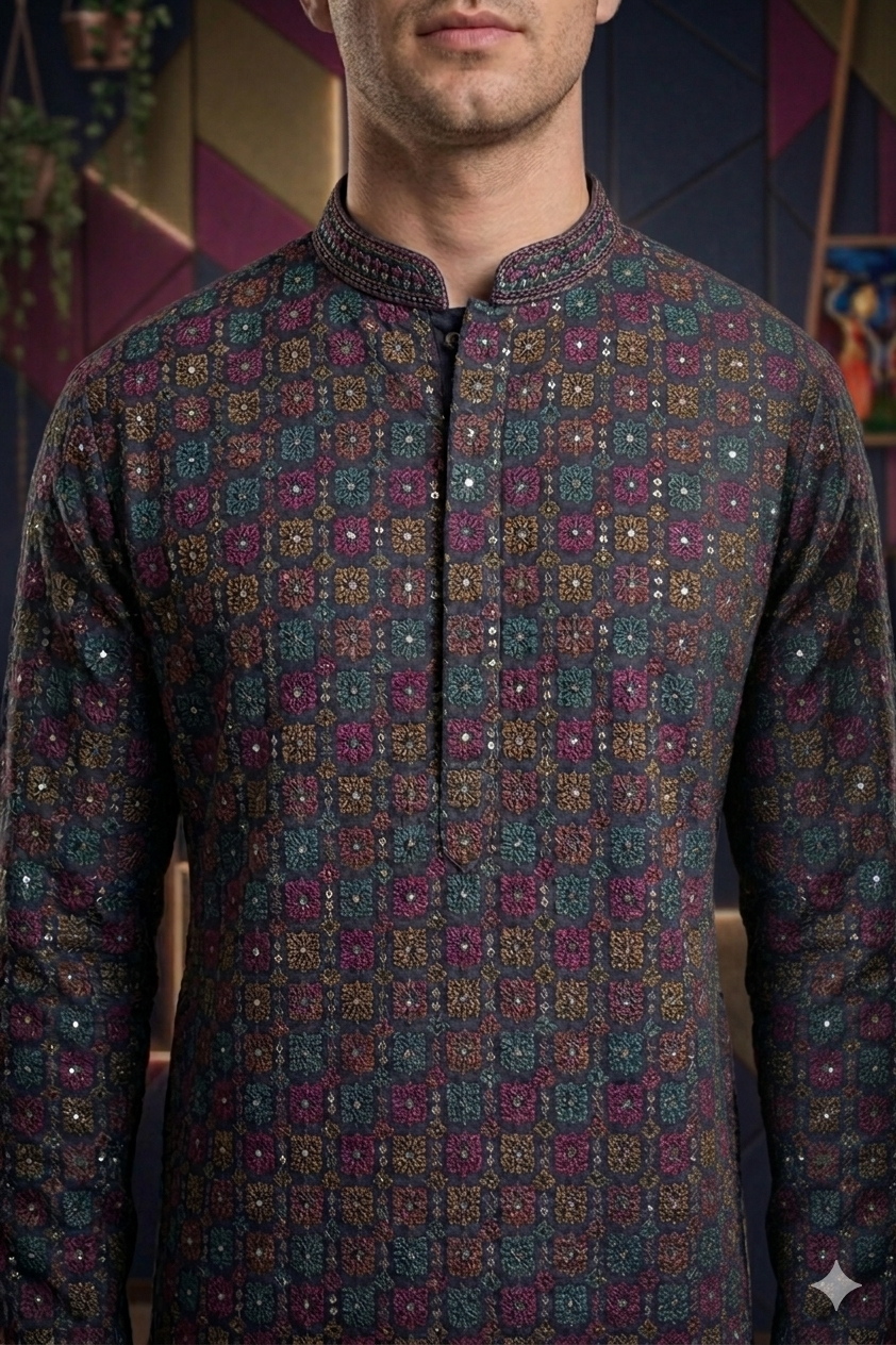 Men’s Navy Blue Cotton Chikankari Embroidered Kurta