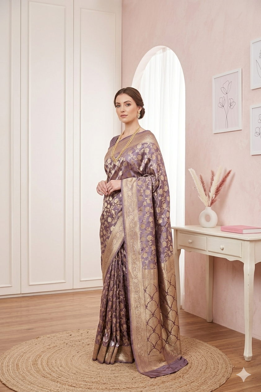 Dusty Lavender Benarasi Masroo Saree with Intricate Jal Work