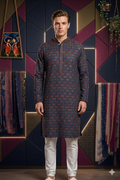 Men’s Navy Blue Cotton Chikankari Embroidered Kurta
