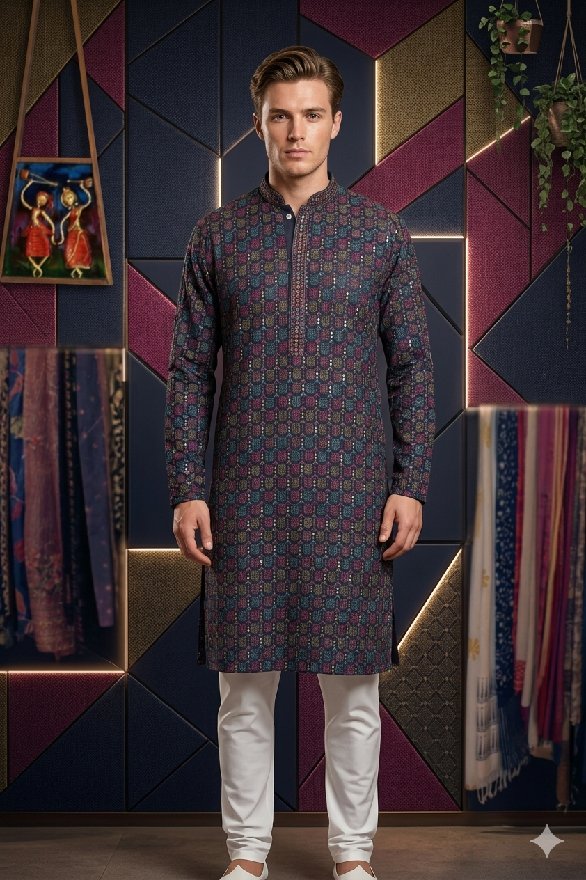 Men’s Navy Blue Cotton Chikankari Embroidered Kurta