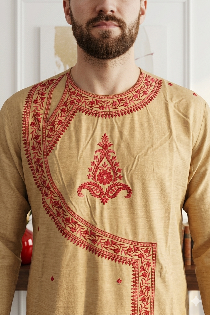 Men’s Beige Silk Hand Embroidered Kurta