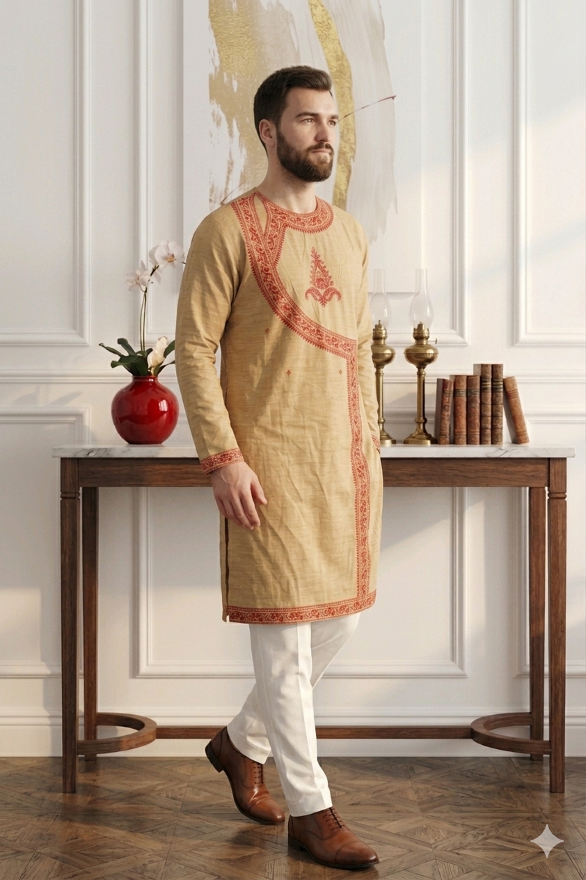 Men’s Beige Silk Hand Embroidered Kurta
