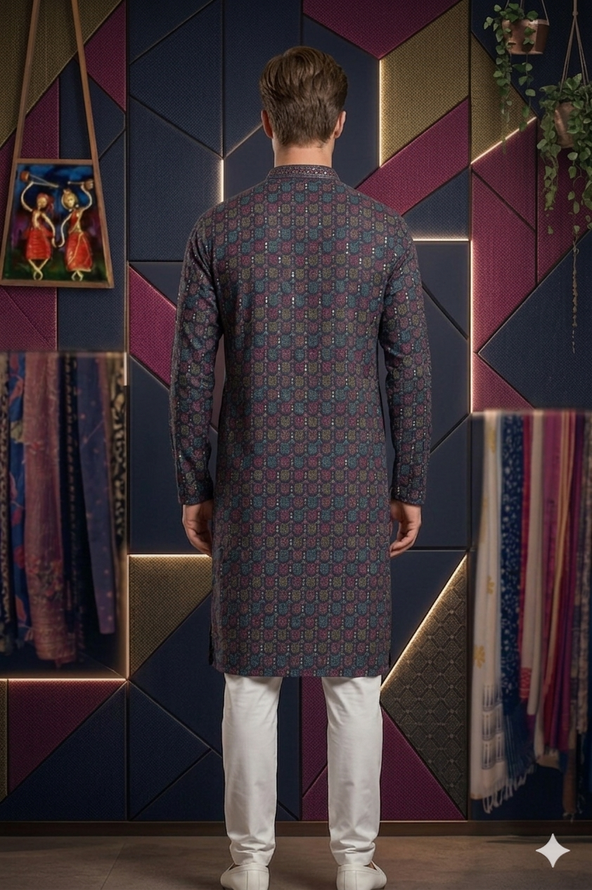 Men’s Navy Blue Cotton Chikankari Embroidered Kurta