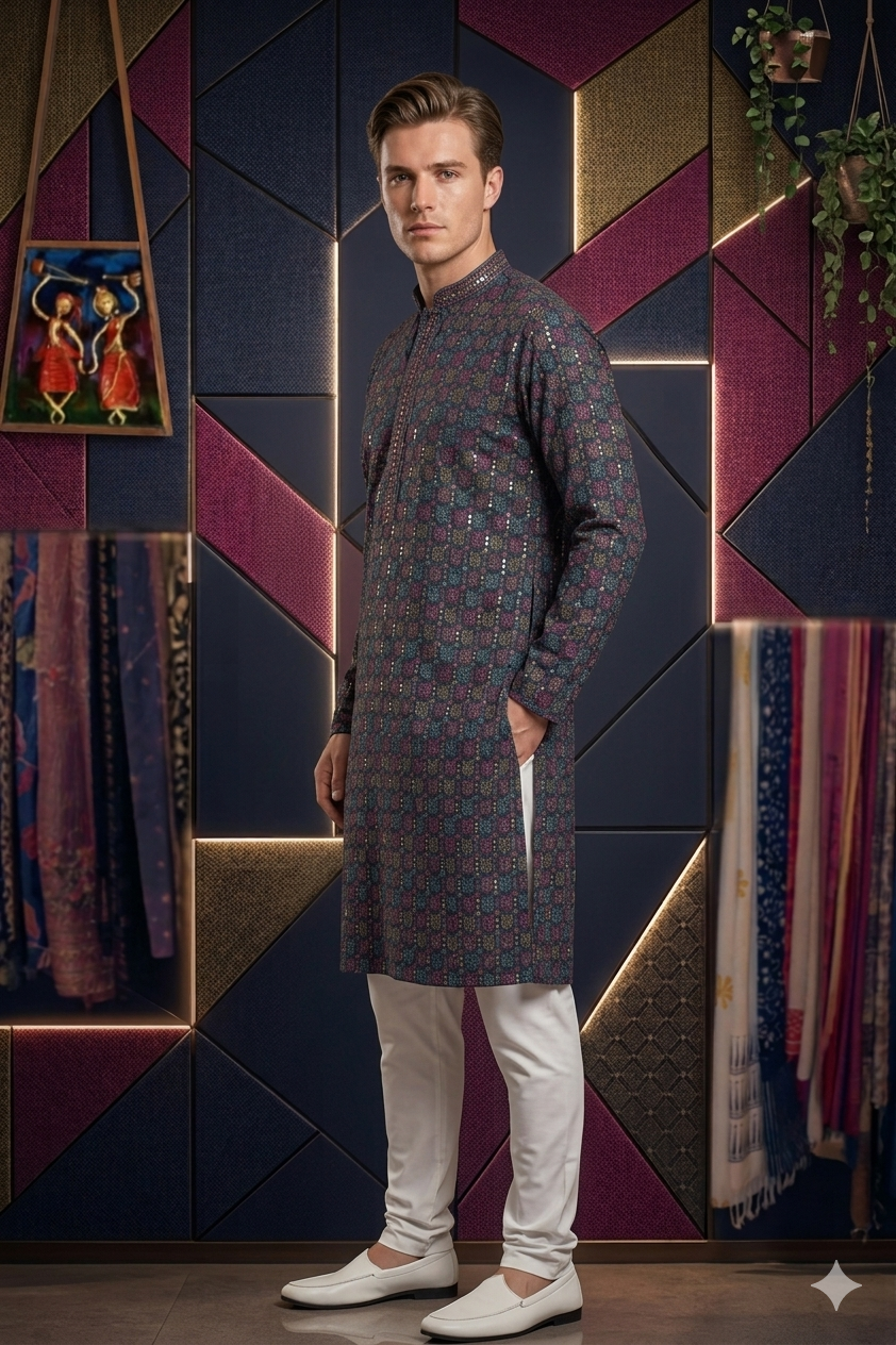 Men’s Navy Blue Cotton Chikankari Embroidered Kurta
