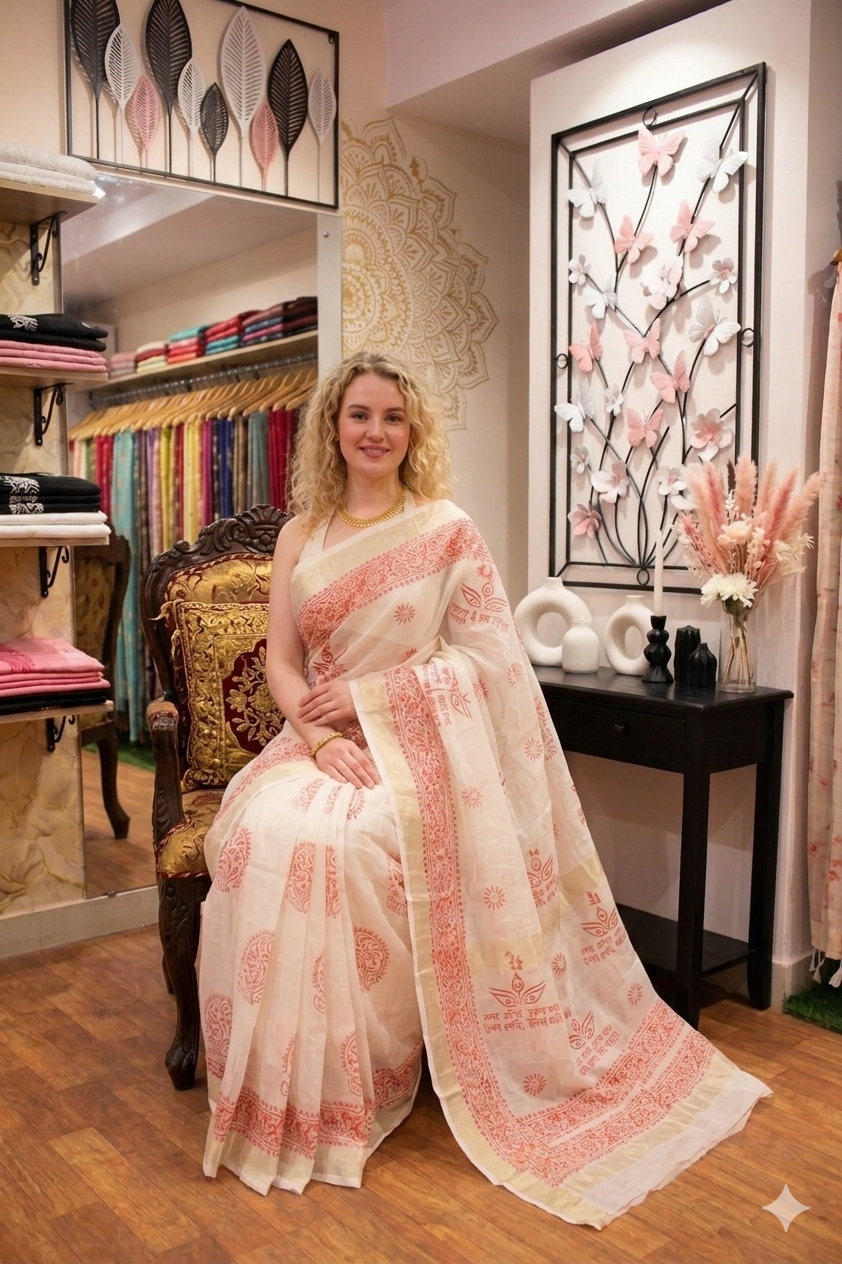White & Pink Block Print Check Cotton Saree