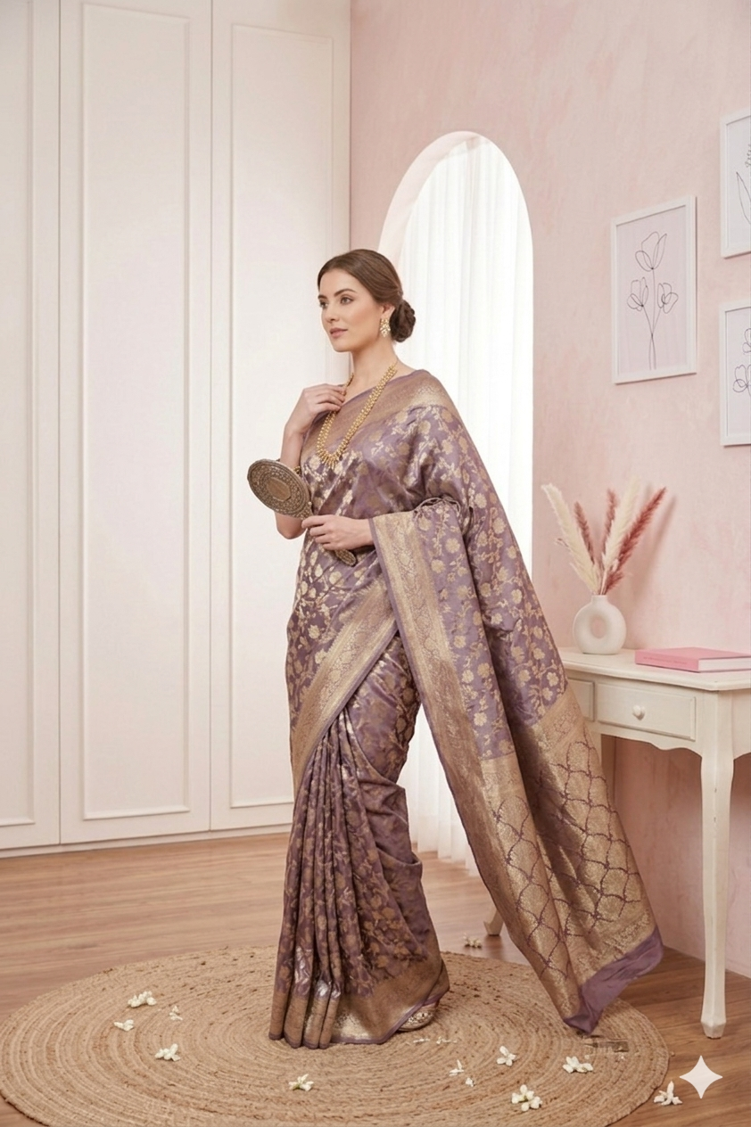 Dusty Lavender Benarasi Masroo Saree with Intricate Jal Work