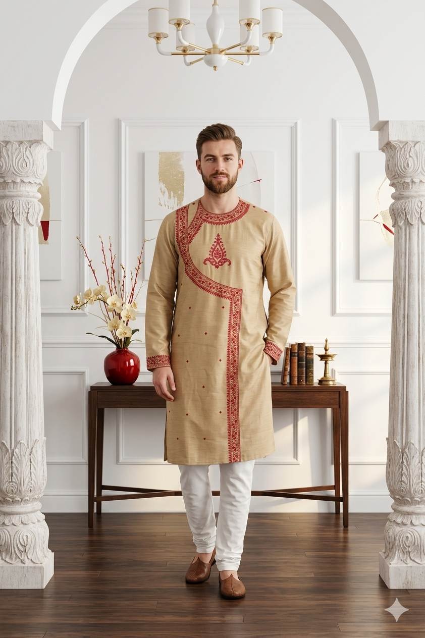 Men’s Beige Silk Hand Embroidered Kurta