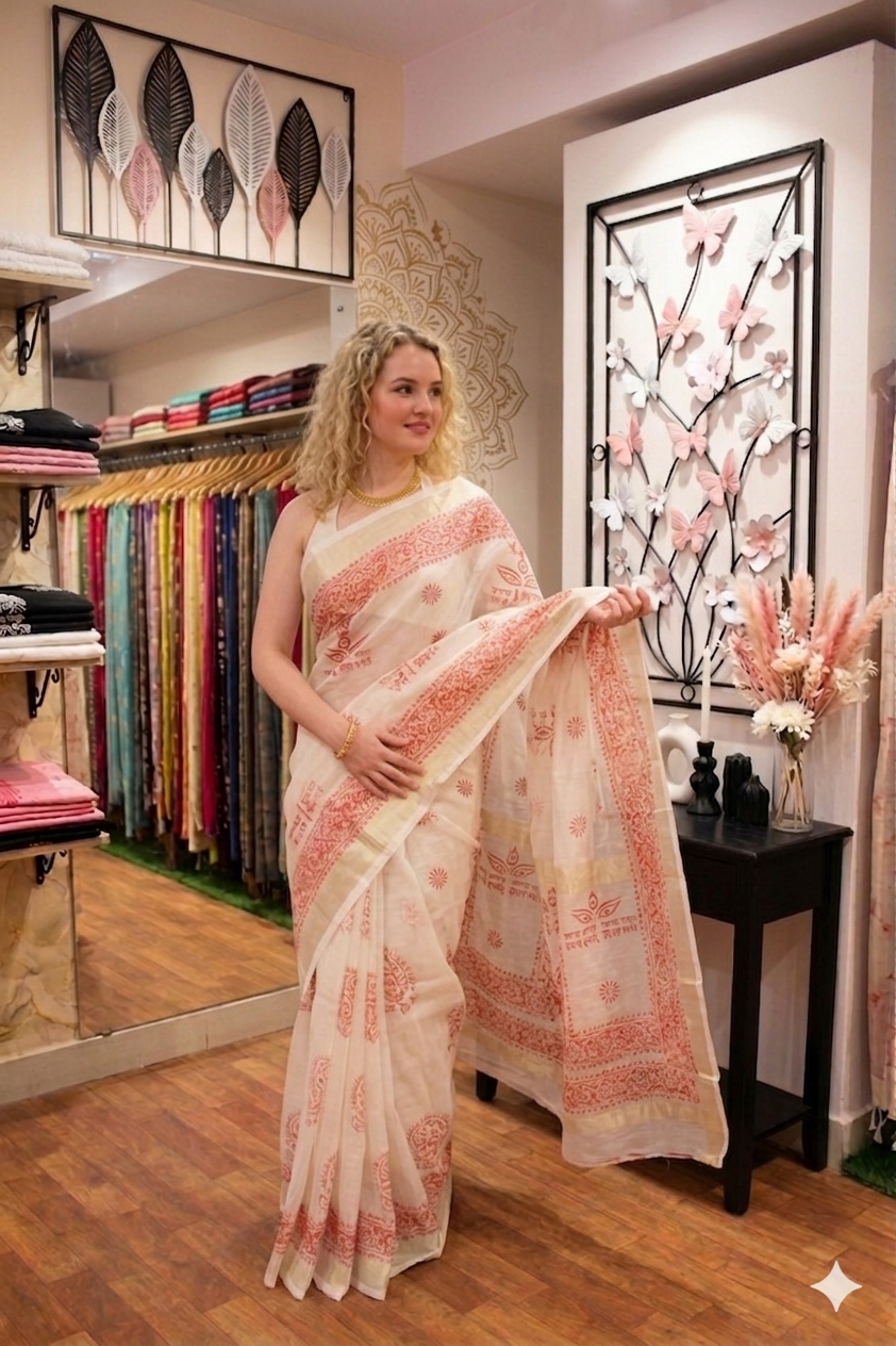 White & Pink Block Print Check Cotton Saree