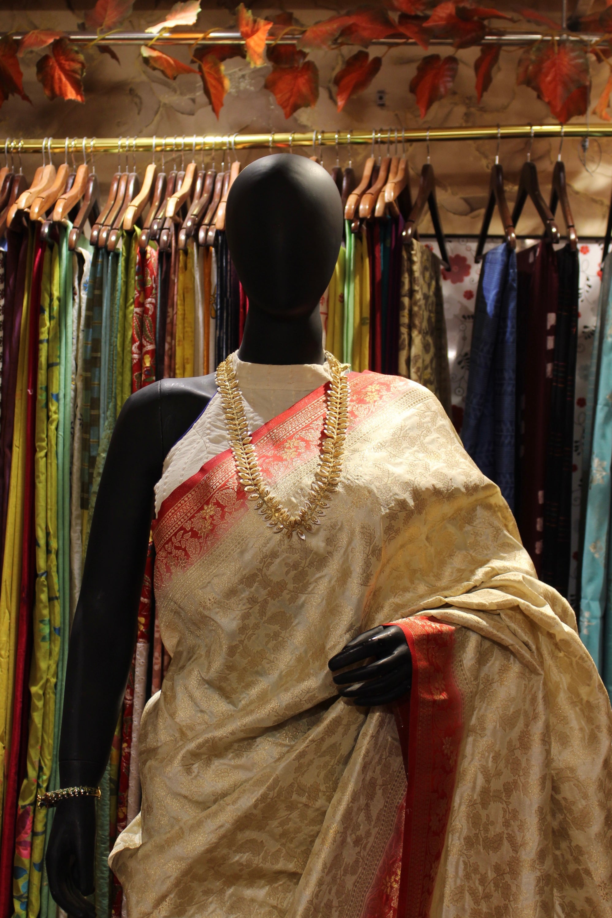 Ivory Manipuri Silk Saree with Crimson Zari Border
