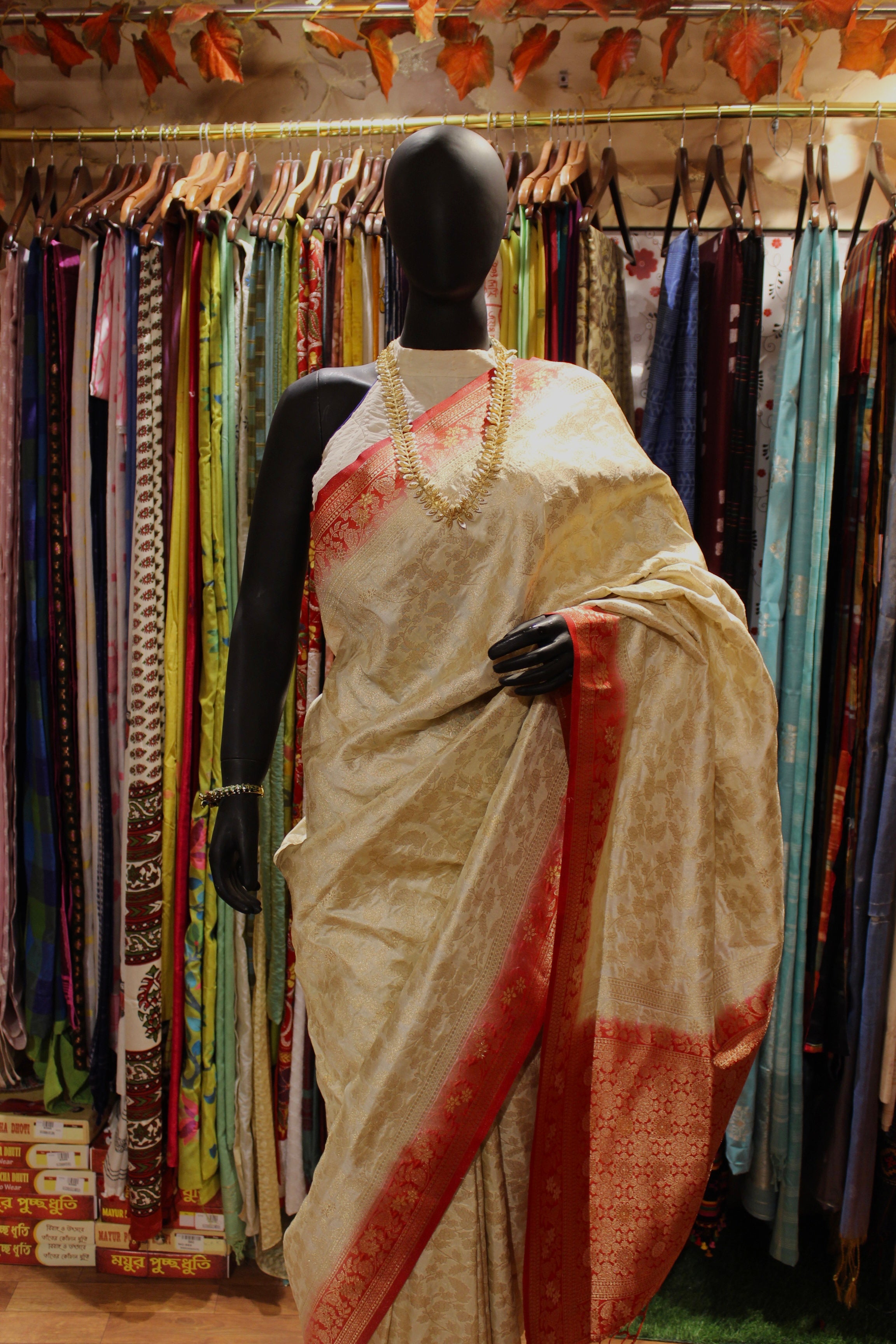 Ivory Manipuri Silk Saree with Crimson Zari Border