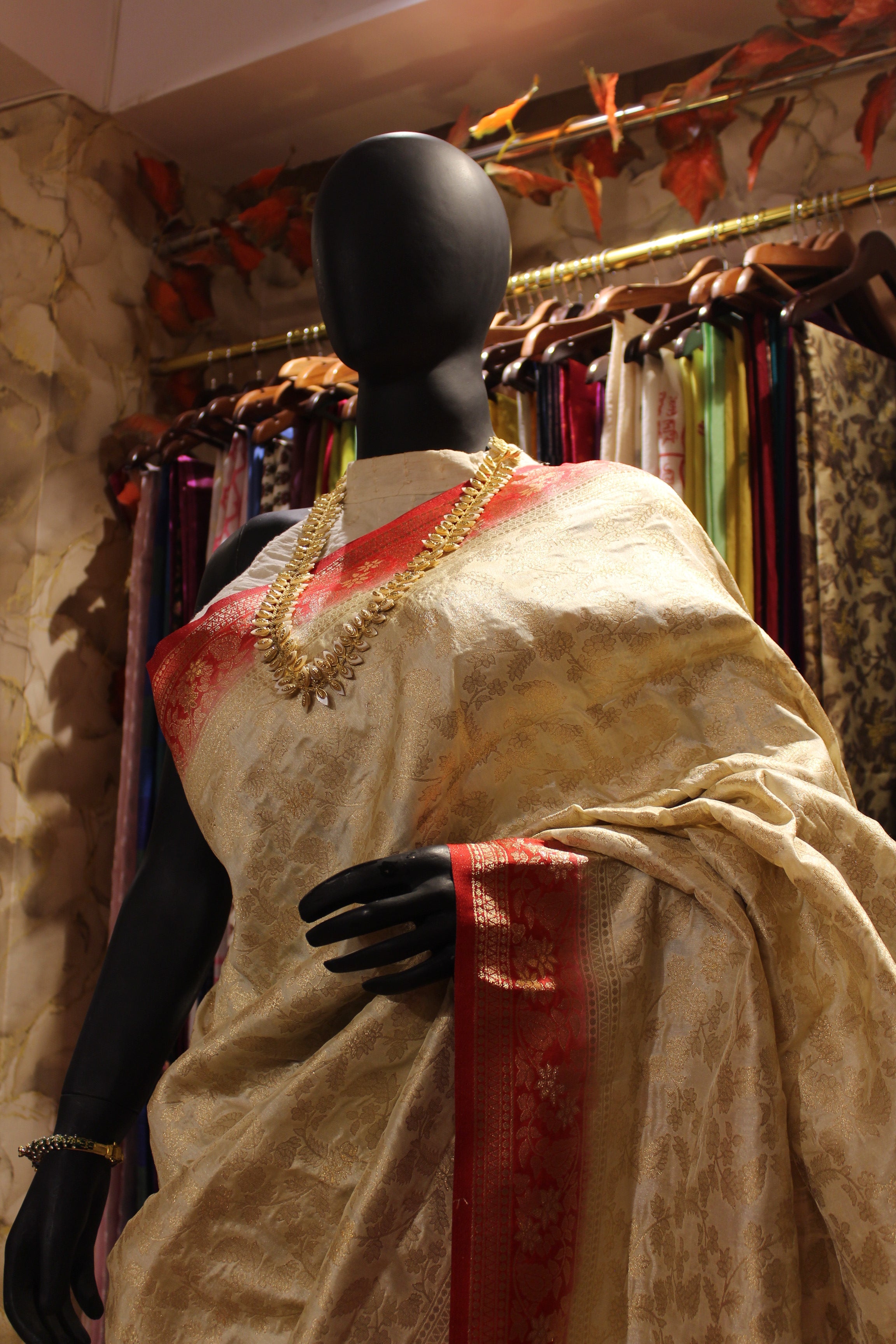 Ivory Manipuri Silk Saree with Crimson Zari Border