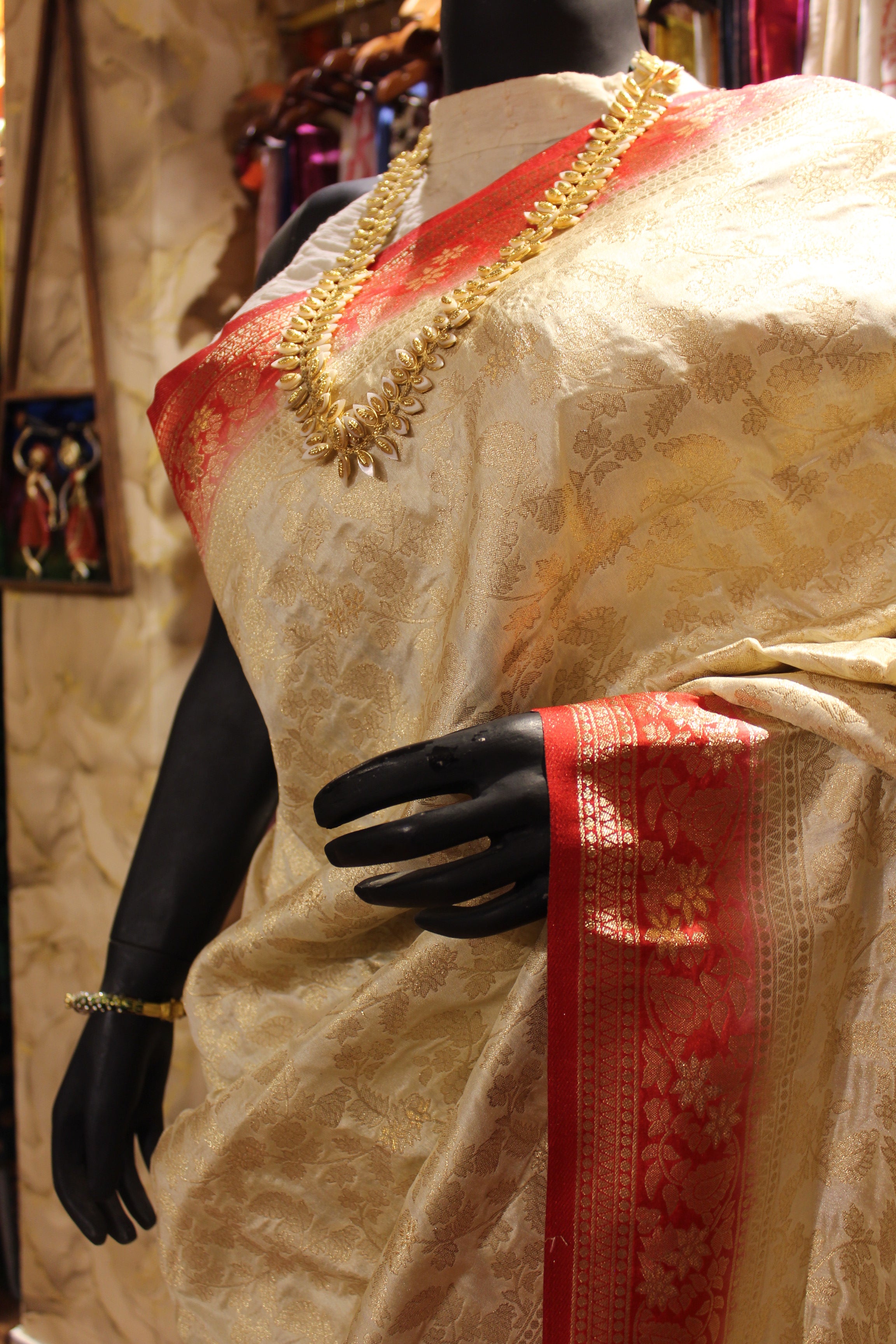 Ivory Manipuri Silk Saree with Crimson Zari Border