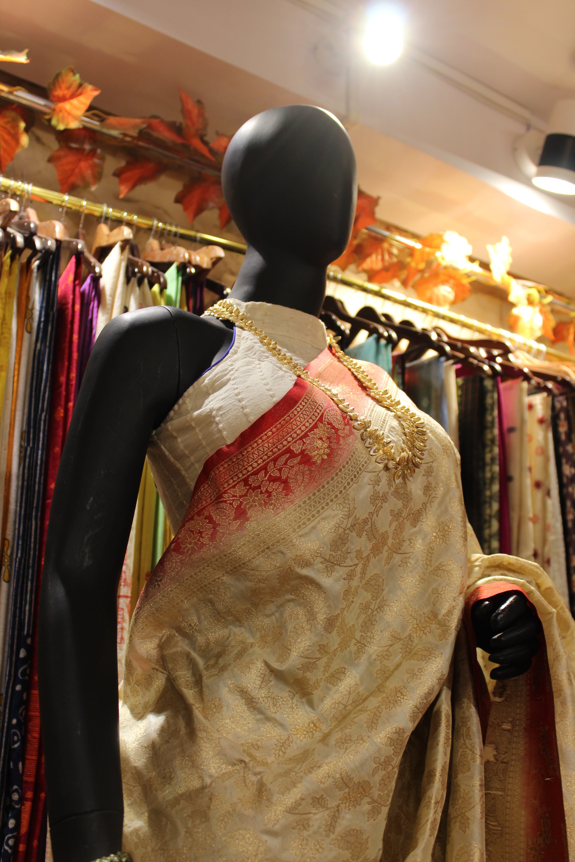 Ivory Manipuri Silk Saree with Crimson Zari Border