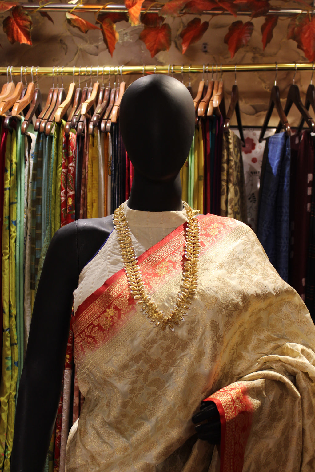 Ivory Manipuri Silk Saree with Crimson Zari Border