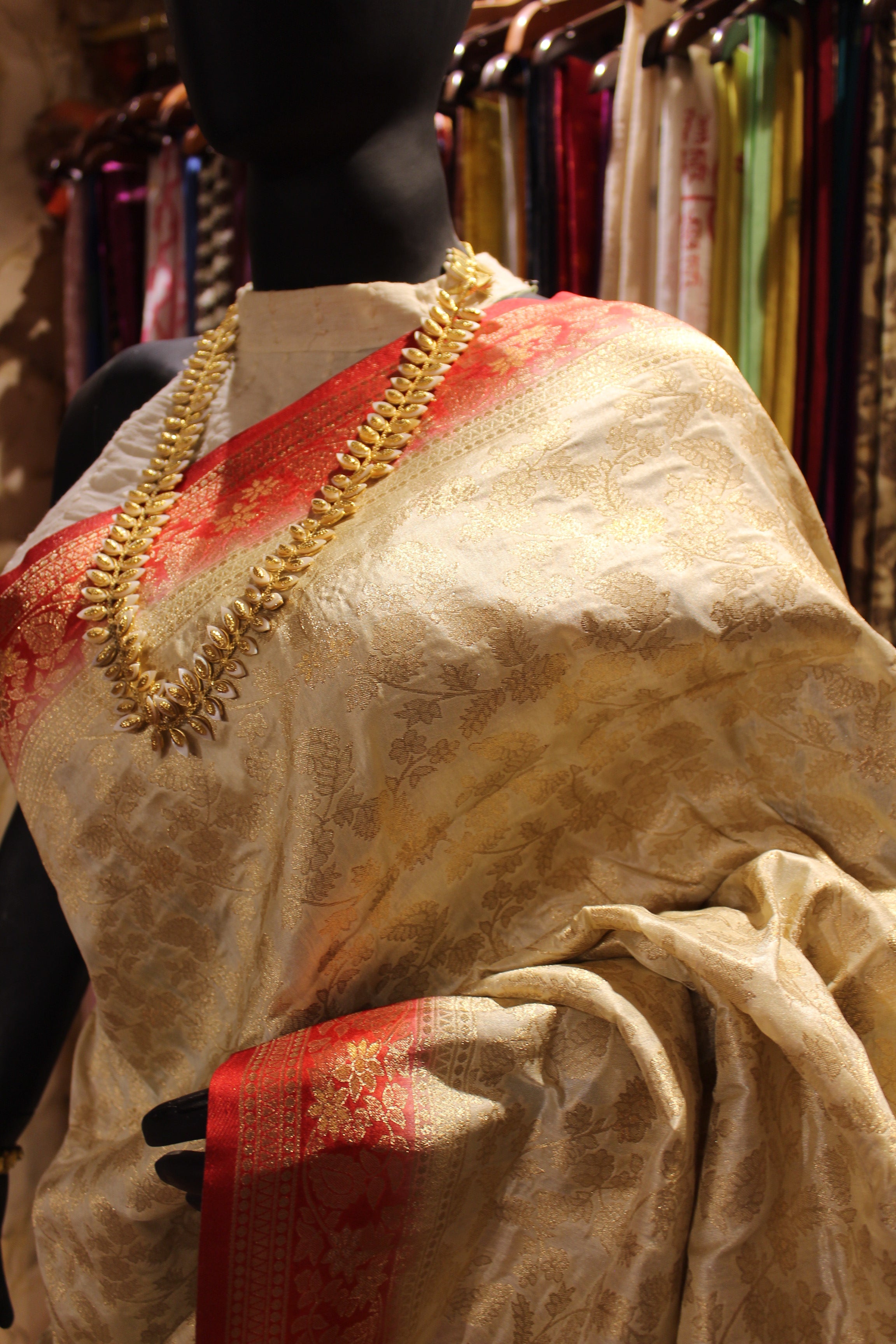 Ivory Manipuri Silk Saree with Crimson Zari Border