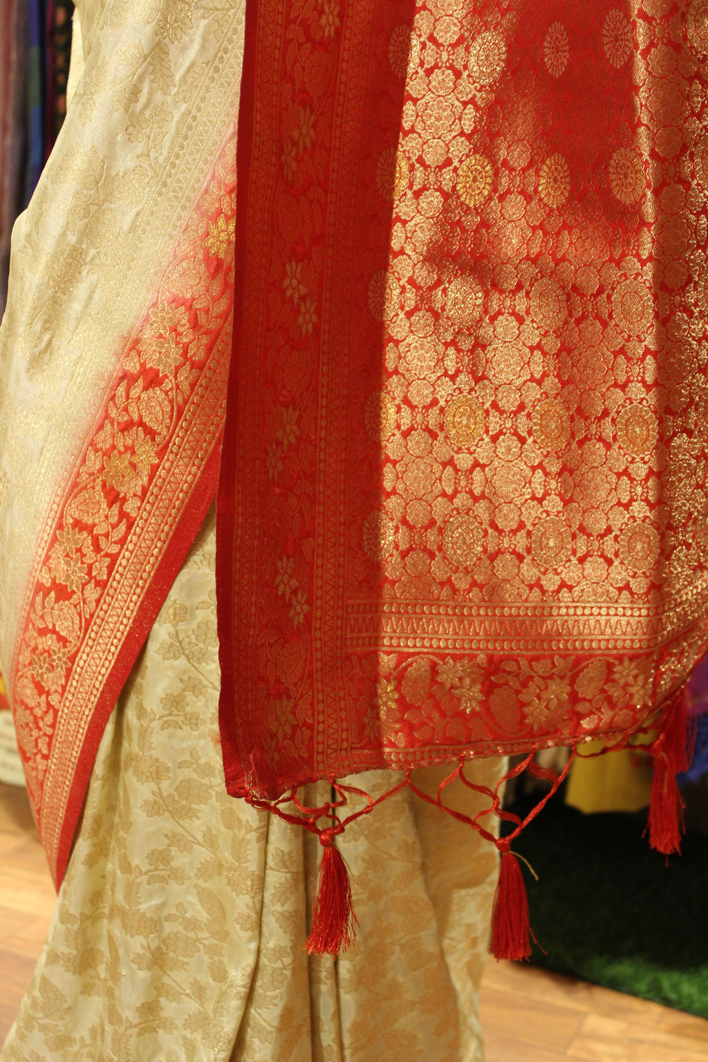 Ivory Manipuri Silk Saree with Crimson Zari Border
