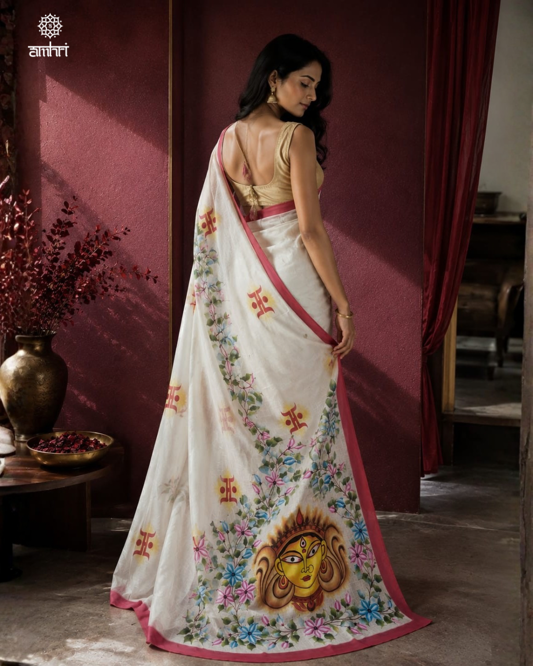 Premium White Cotton Saree with Hand Printed Durga Idol | Designer Festive Cotton Saree