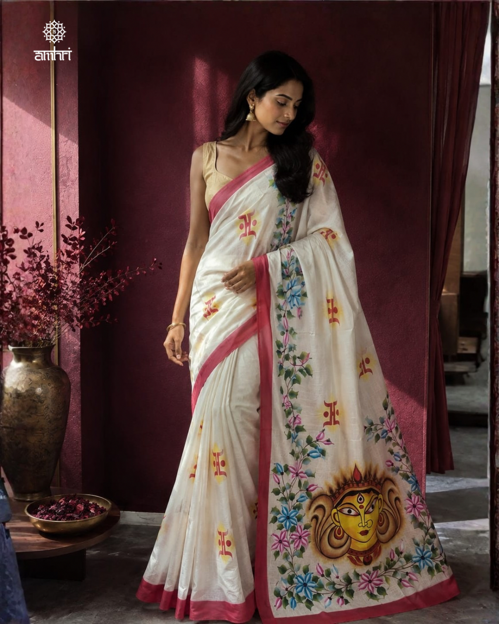 Premium White Cotton Saree with Hand Printed Durga Idol | Designer Festive Cotton Saree
