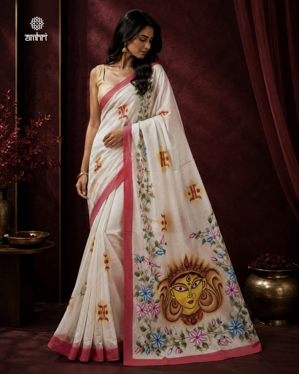 Premium White Cotton Saree with Hand Printed Durga Idol | Designer Festive Cotton Saree