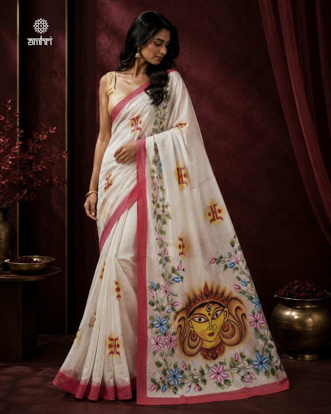 Premium White Cotton Saree with Hand Printed Durga Idol | Designer Festive Cotton Saree