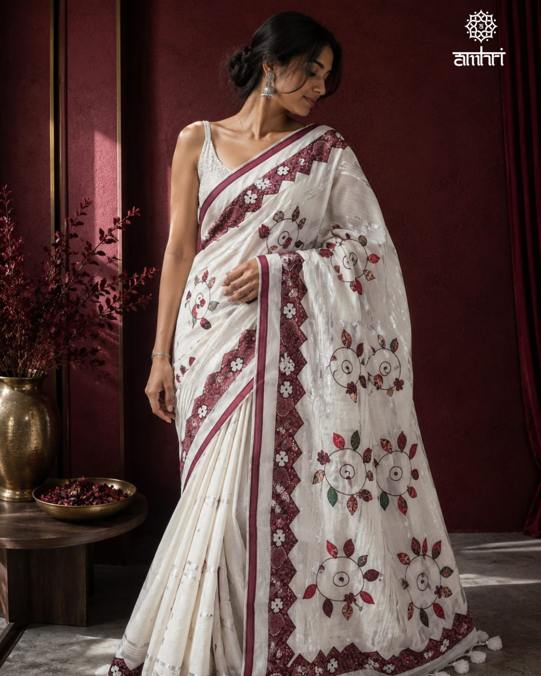 Ivory Tosor Silk Saree with Maroon Applique Work & Hand Embroidery