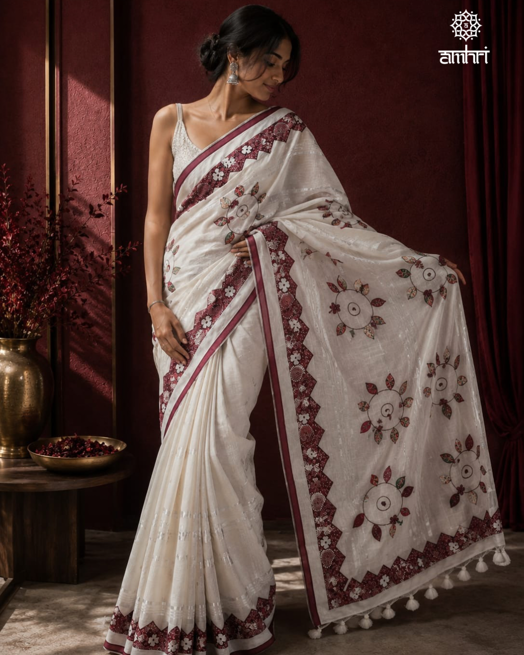 Ivory Tosor Silk Saree with Maroon Applique Work & Hand Embroidery