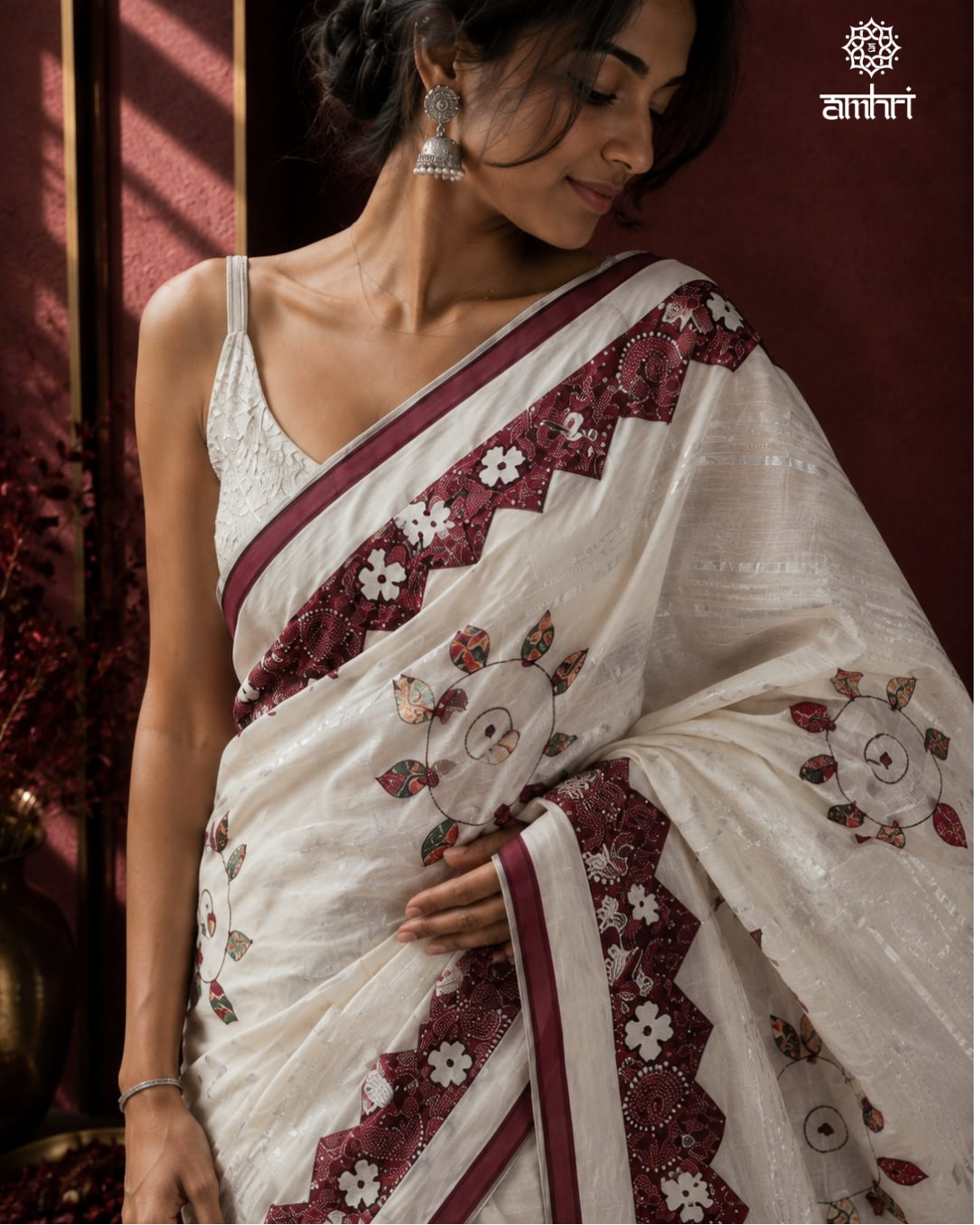 Ivory Tosor Silk Saree with Maroon Applique Work & Hand Embroidery