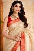 Ivory Manipuri Silk Saree with Crimson Zari Border
