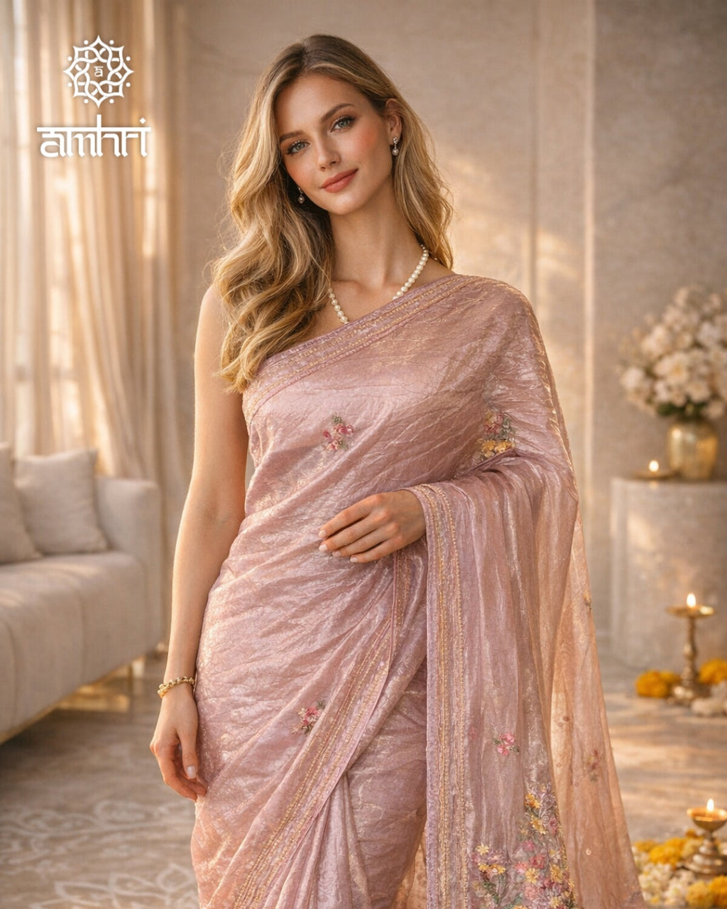 Lavender Pink Organza Chiffon Saree with Hand Embroidery