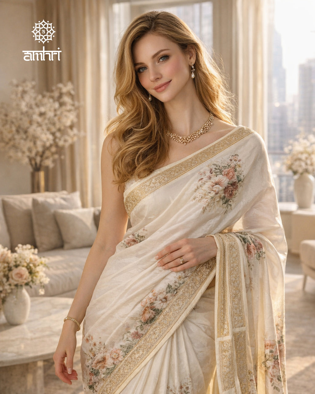 White Manipuri Synthetic Printed Saree with Elegant Floral Design