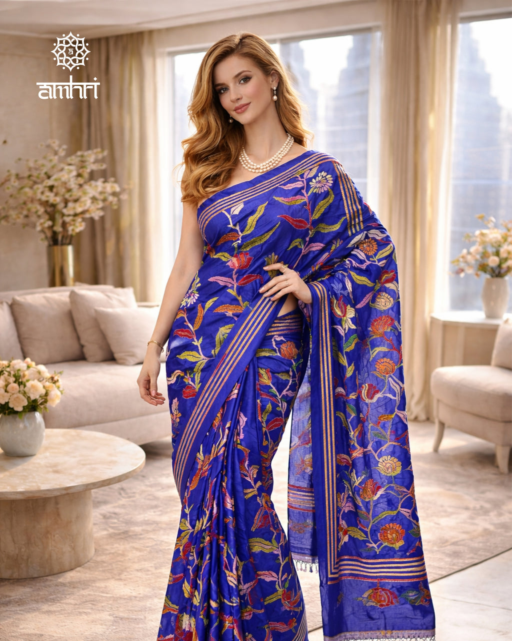 Royal Blue Manipuri Silk Saree with Kantha Stitch Hand Embroidery