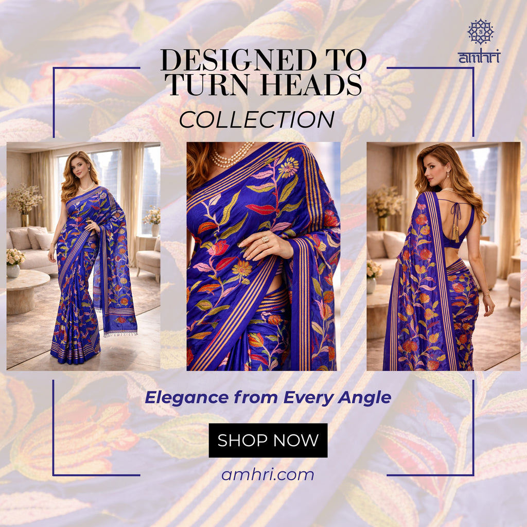 Royal Blue Manipuri Silk Saree with Kantha Stitch Hand Embroidery