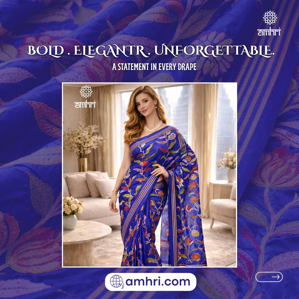 Royal Blue Manipuri Silk Saree with Kantha Stitch Hand Embroidery