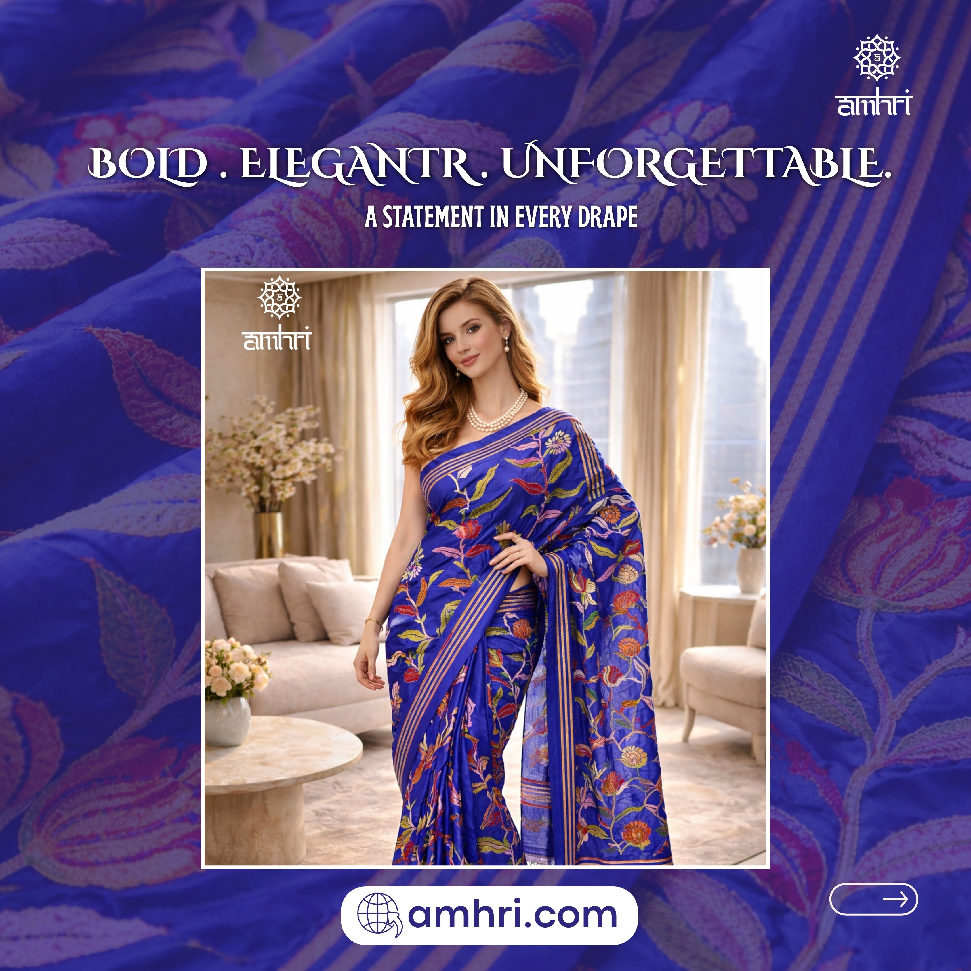 Royal Blue Manipuri Silk Saree with Kantha Stitch Hand Embroidery