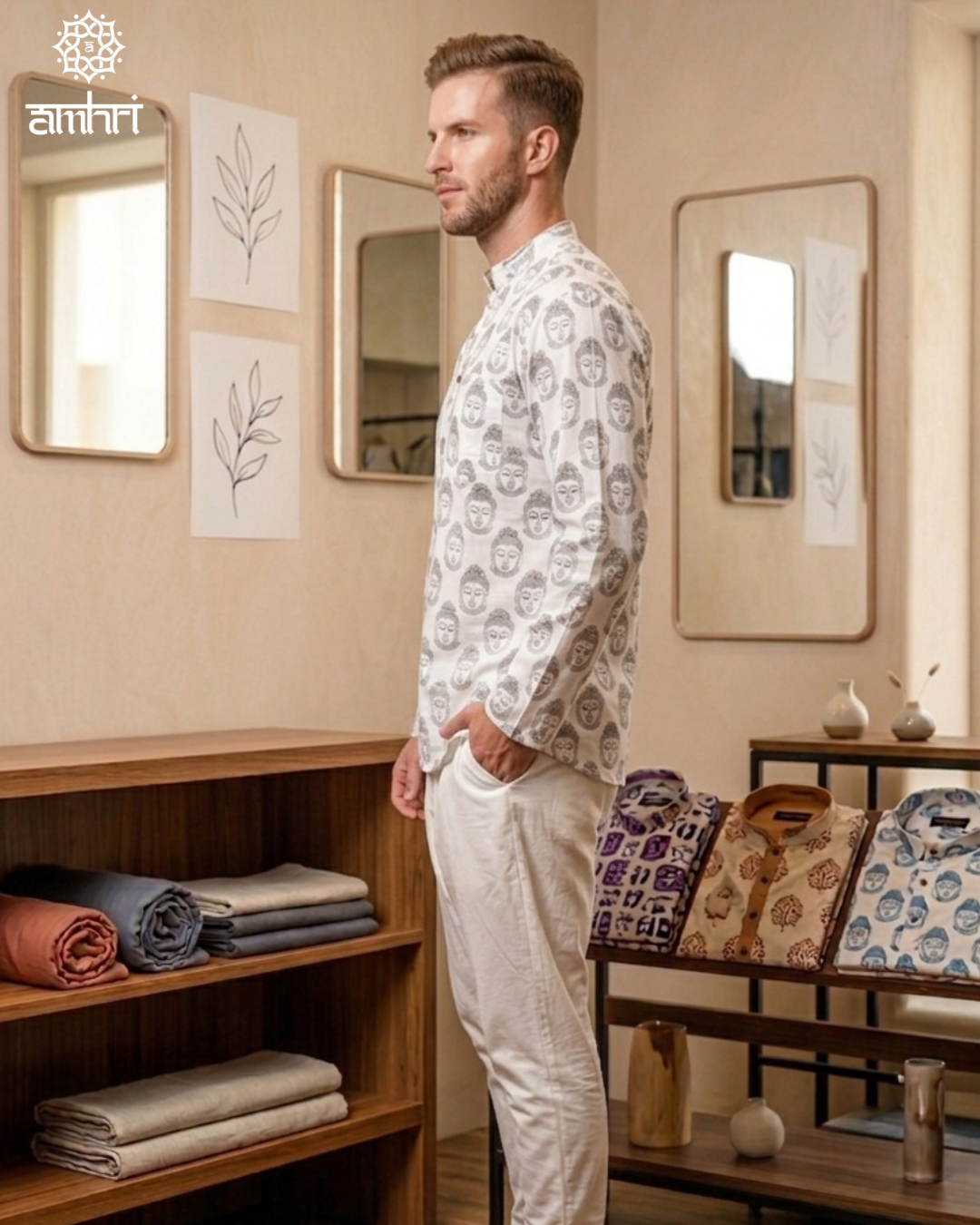 Cotton Printed Short Kurta in White & Black - Men’s Casual & Festive Wear
