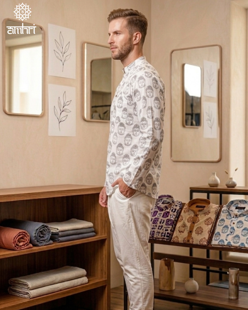 Cotton Printed Short Kurta in White & Black - Men’s Casual & Festive Wear