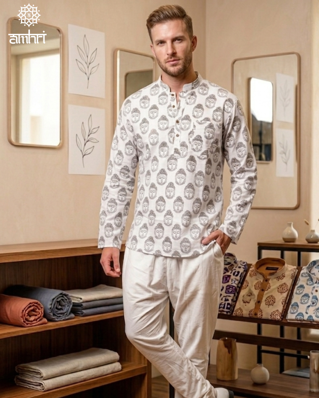 Cotton Printed Short Kurta in White & Black - Men’s Casual & Festive Wear